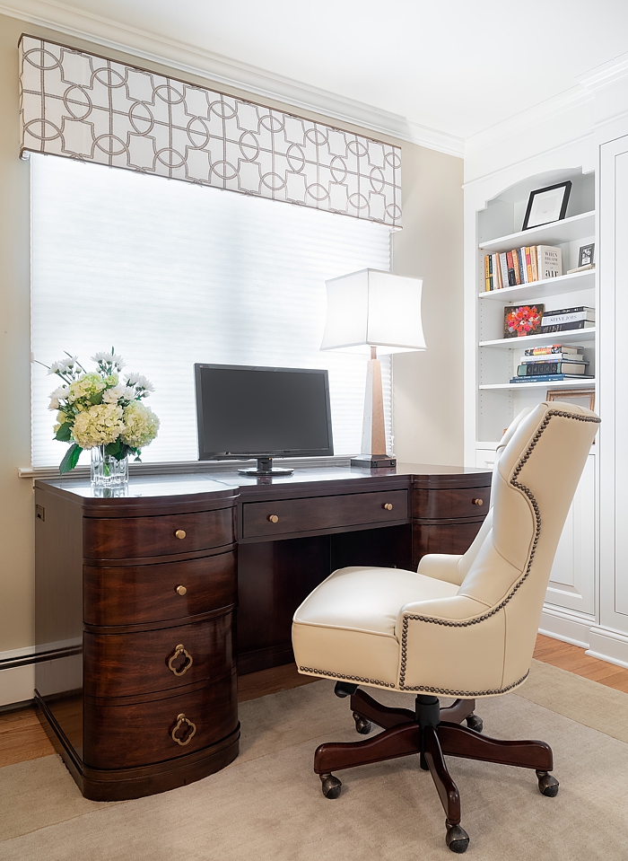 A simple top treatment makes this small home office special.