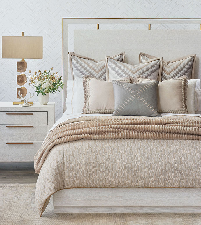 Made-to-order luxury custom bedding with beds, furniture and window treatments to coordinate.