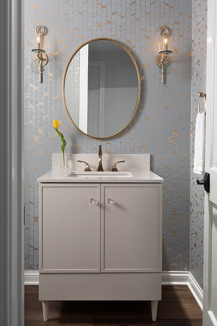 This small powder room has been made elegant and light filled with this beautiful wallpaper.